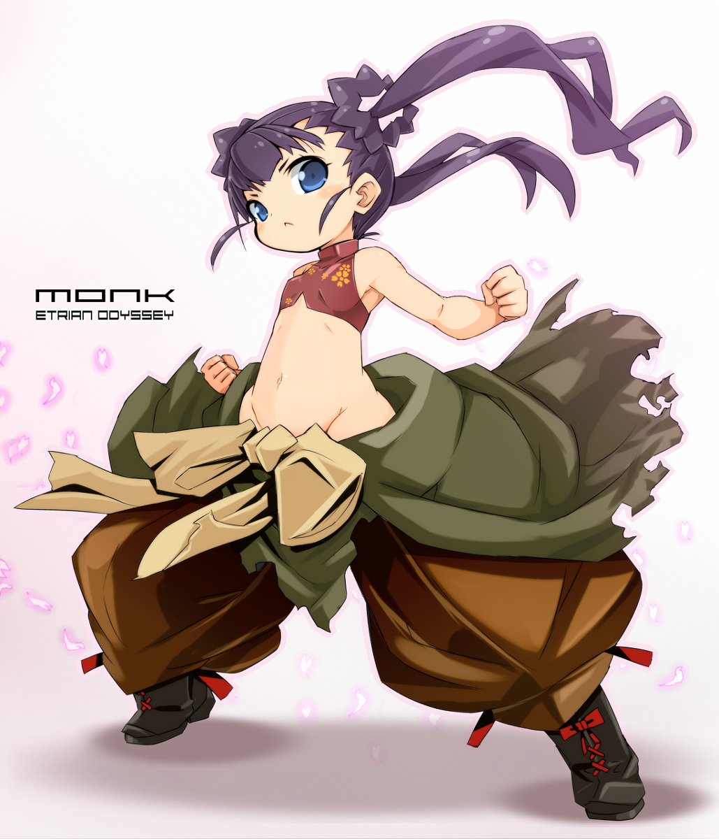 1girl, :<, baggy_pants, bare_arms, bare_shoulders, belly, blue_eyes, boots