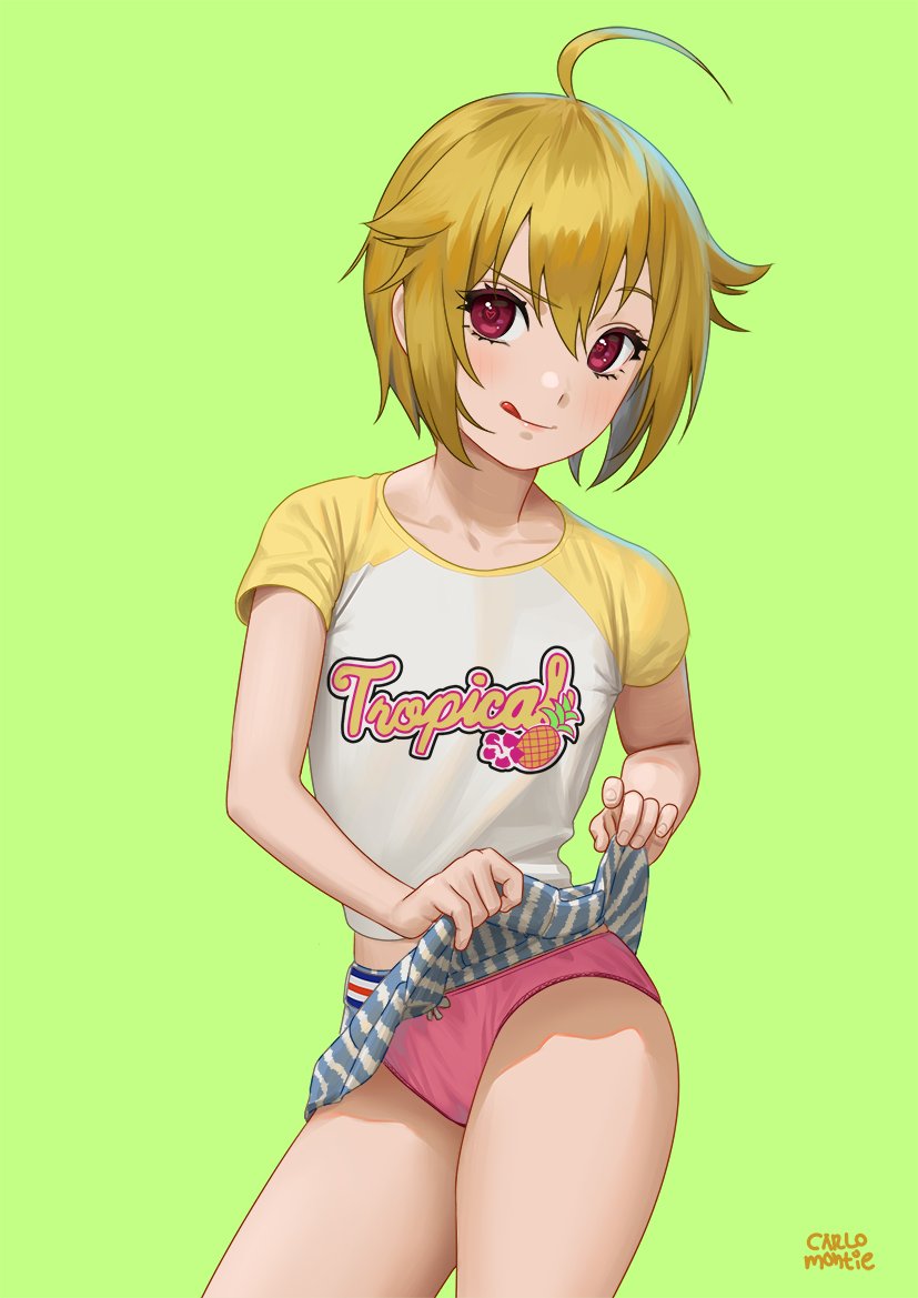 :p, ahoge, artist_name, bangs, blue_skirt, bow, bow_panties, breasts