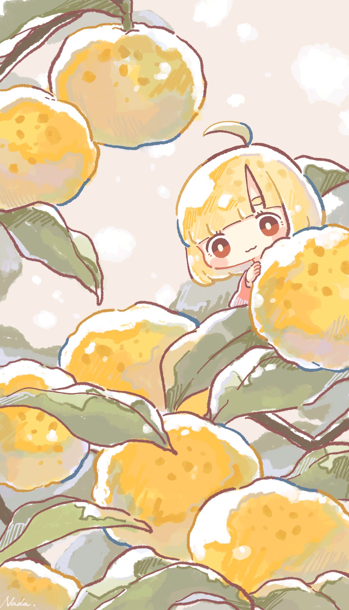 1girl, :3, ahoge, bangs, berry, blonde_hair, blunt_bangs, blush