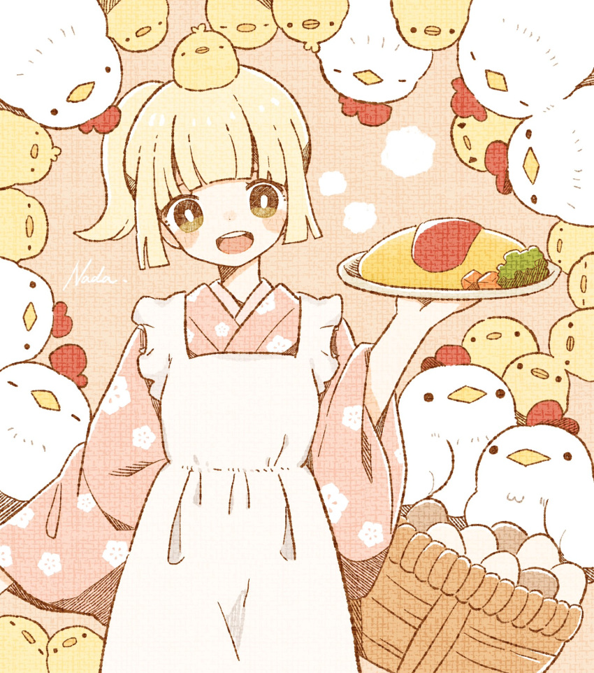 1girl, animal, animal_on_head, apron, bangs, basket, bird, blonde_hair