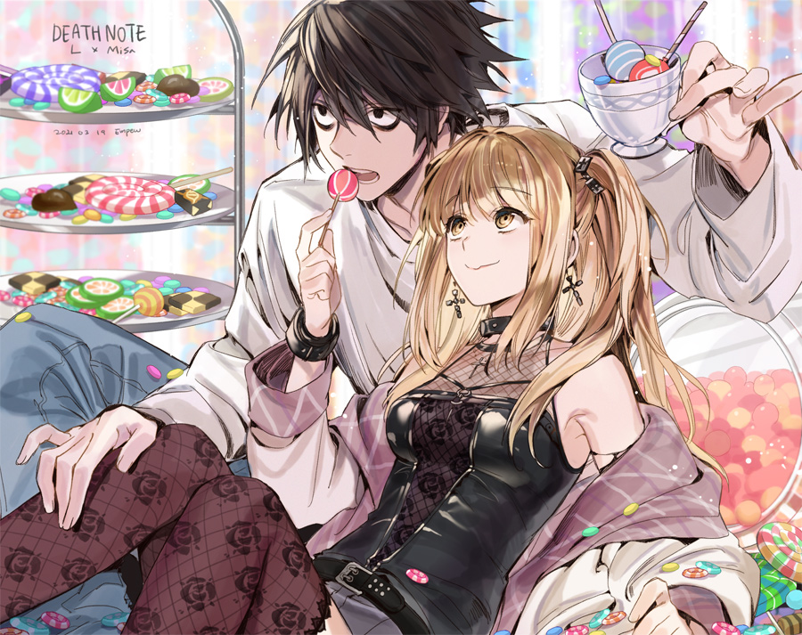 1boy, 1girl, amane_misa, bags_under_eyes, bangs, black_eyes, black_hair, black_shirt