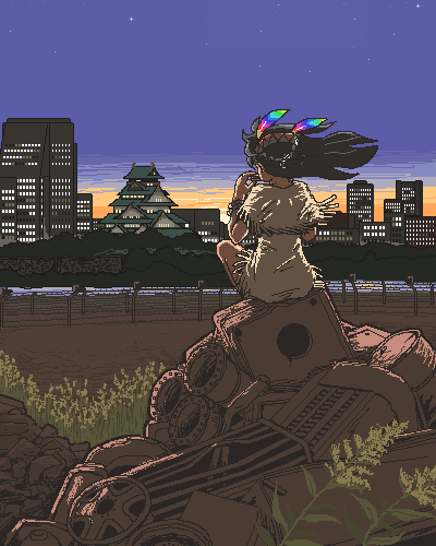 1girl, black_hair, building, city, commentary_request, feathers, fence, from_behind, hair_feathers, headband, instrument, junkyard, kasuga39, komatsu_sakyou, long_hair, lowres, music, night, night_sky, nihon_apache-zoku, oekaki, plant, playing_instrument, rainbow_gradient, sitting, sky, solo, sunset, wire_fence, wristband