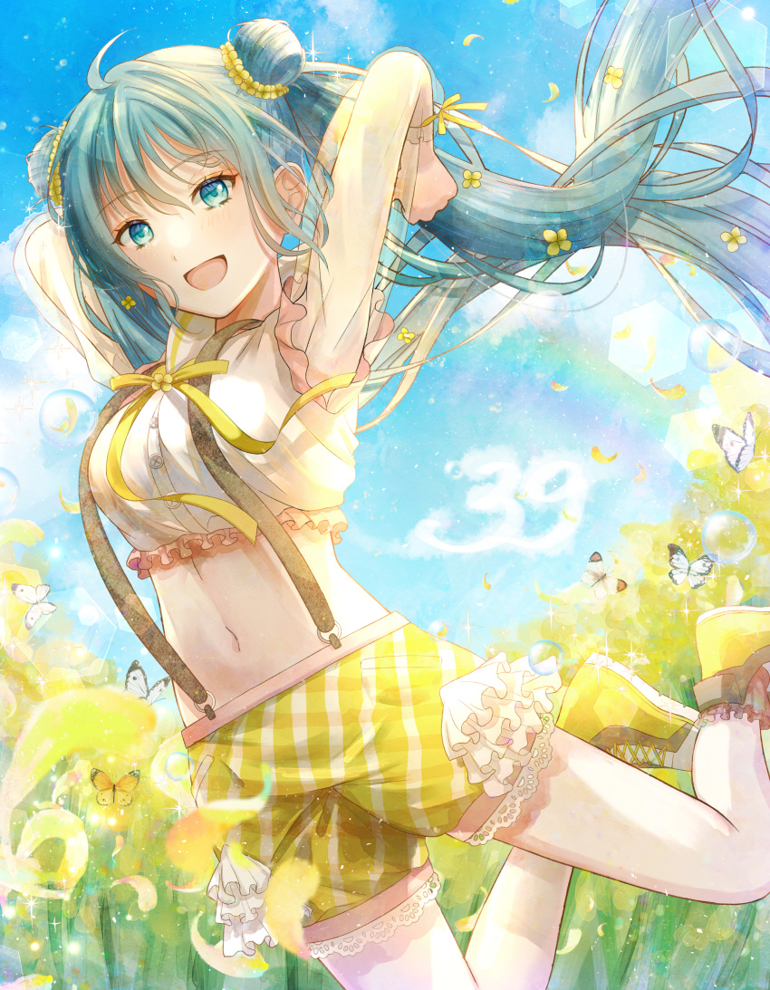 1girl, :d, absurdres, ahoge, bangs, blue_eyes, blue_hair, blue_sky