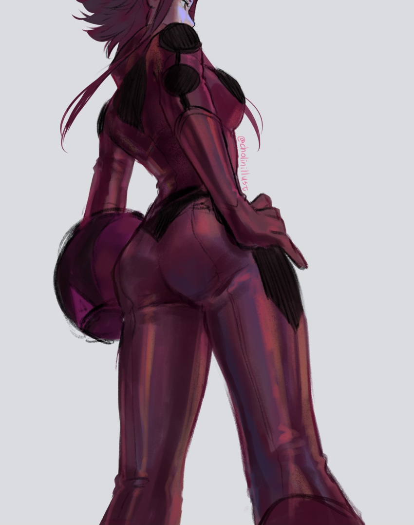 1girl, bodysuit, breasts, brown_eyes, chorin_(yl), from_below, grey_background, hand_on_hip, head_out_of_frame, helmet, highres, holding, holding_helmet, izayoi_aki, medium_breasts, red_bodysuit, redhead, shiny, shiny_clothes, short_hair_with_long_locks, sidelocks, simple_background, solo, twitter_username, yu-gi-oh!, yu-gi-oh!_5d's