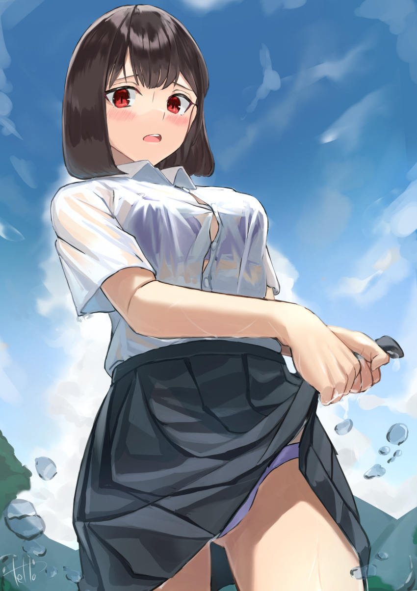 1girl, absurdres, bangs, black_skirt, blue_sky, blush, bob_cut, bra