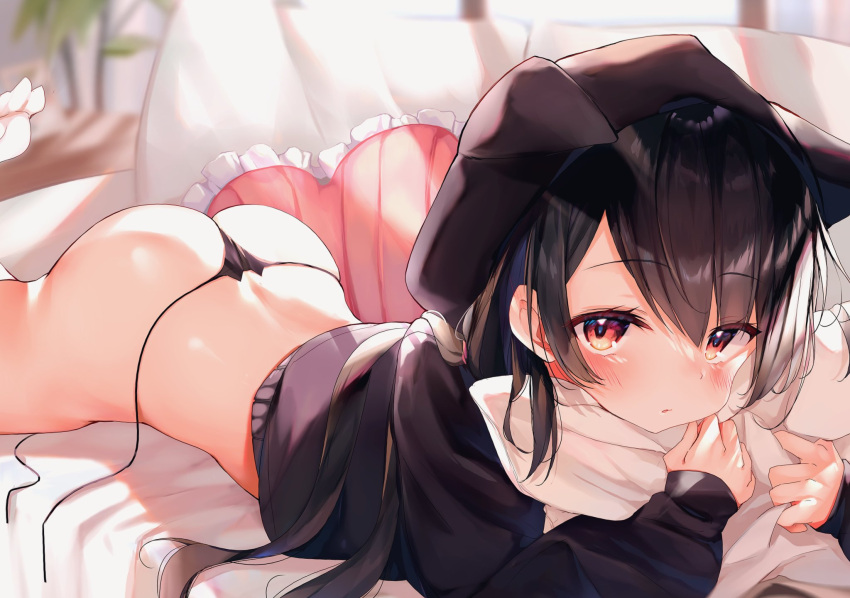 1girl, animal_ears, ass, beret, black_hair, black_headwear, black_panties, black_shirt