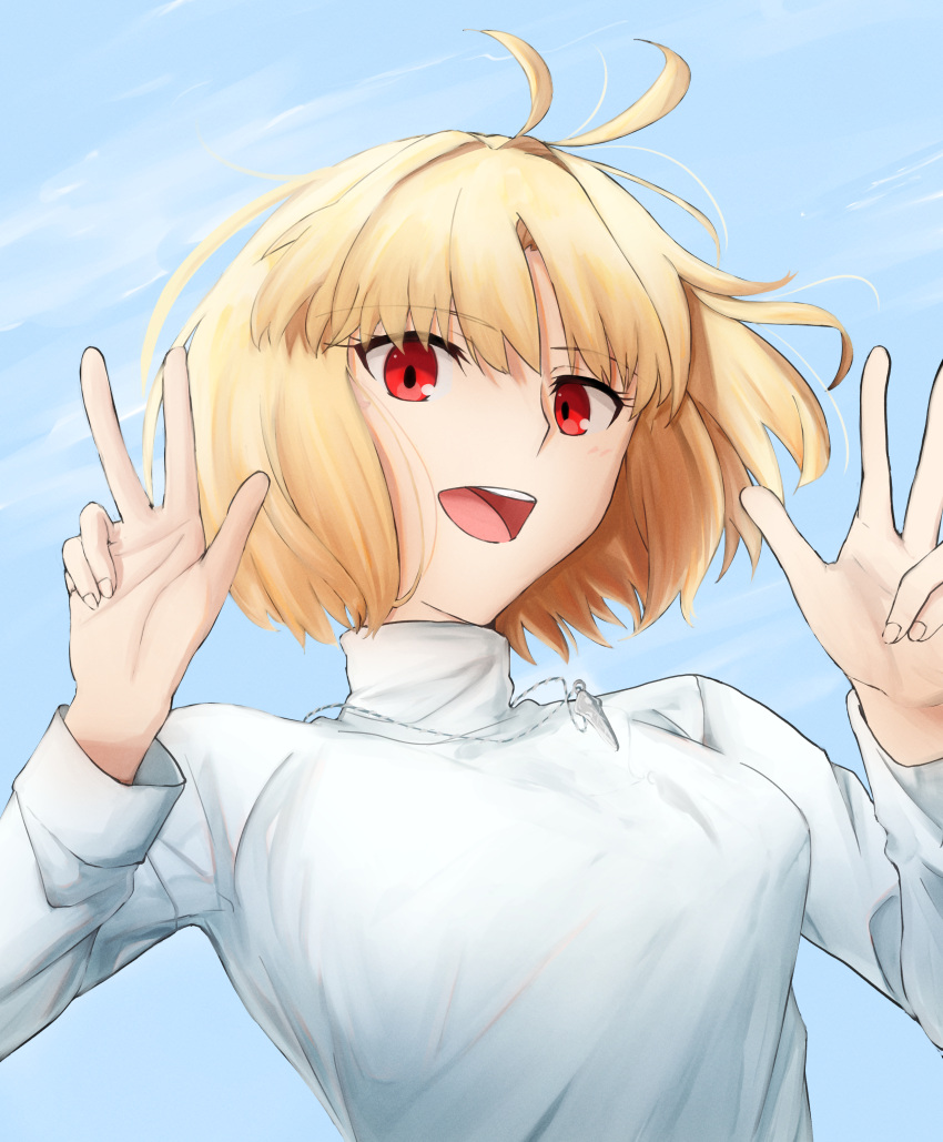 1girl, :d, absurdres, anianiani0607, antenna_hair, arcueid_brunestud, bangs, blonde_hair, breasts, day, double_w, eyebrows_visible_through_hair, hands_up, highres, huge_filesize, jewelry, looking_at_viewer, necklace, open_mouth, outdoors, red_eyes, short_hair, smile, solo, sweater, tsukihime, turtleneck, turtleneck_sweater, upper_body, w, white_sweater