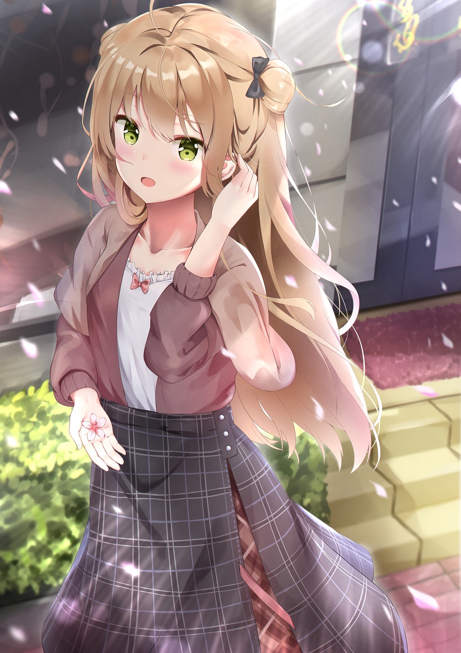 1girl, :o, ahoge, arm_up, bangs, black_bow, black_skirt, blush