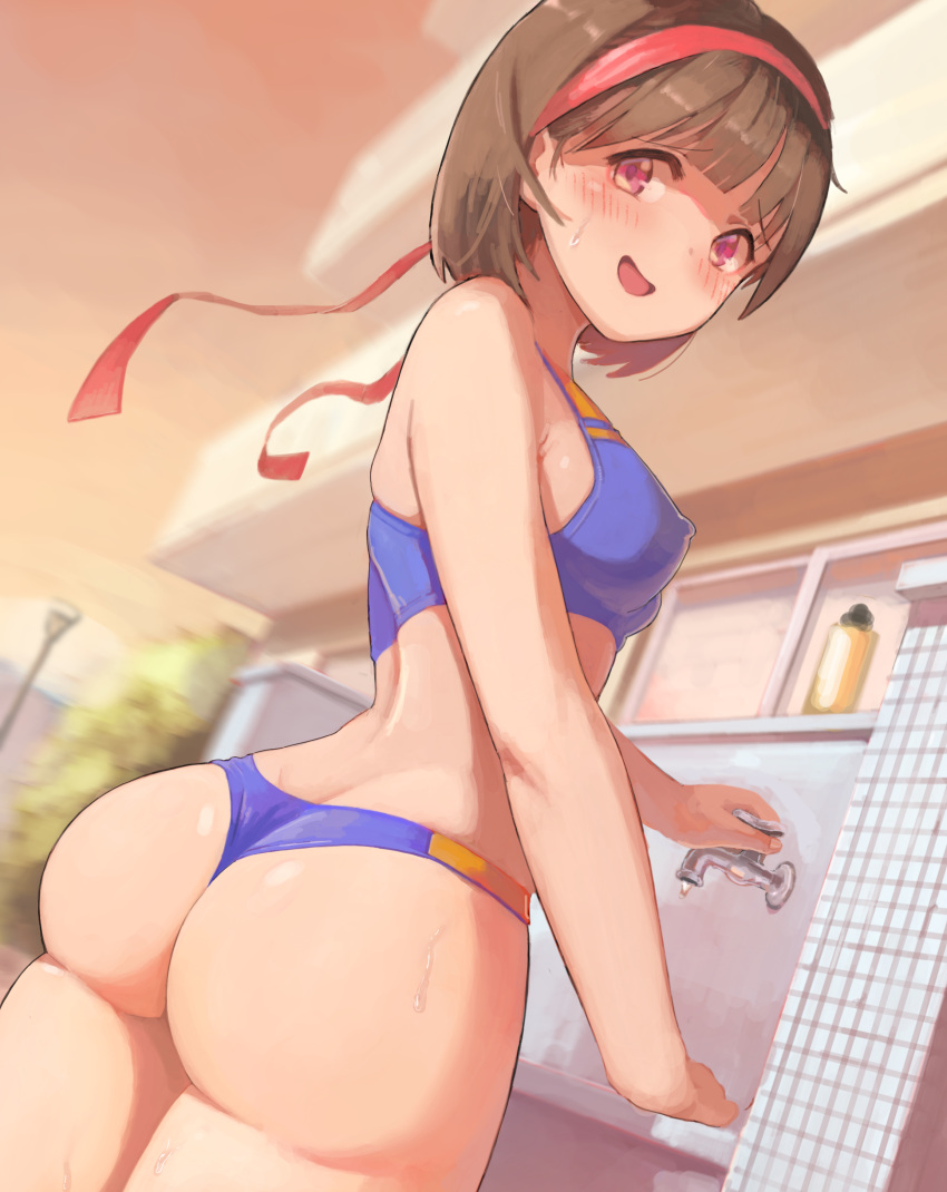 1girl, :d, absurdres, ass, back, bangs, bikini, blunt_bangs