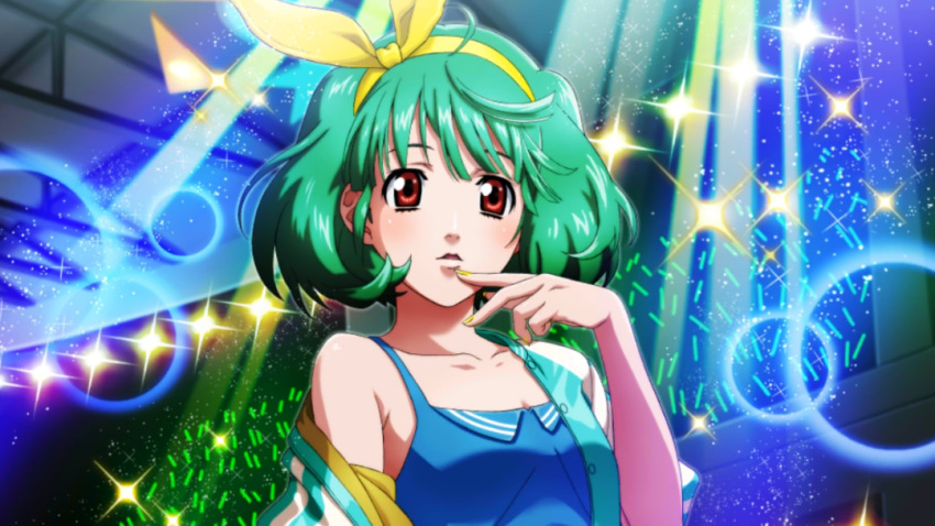 1girl, collarbone, finger_to_mouth, game_cg, green_hair, hair_ribbon, lips, looking_at_viewer