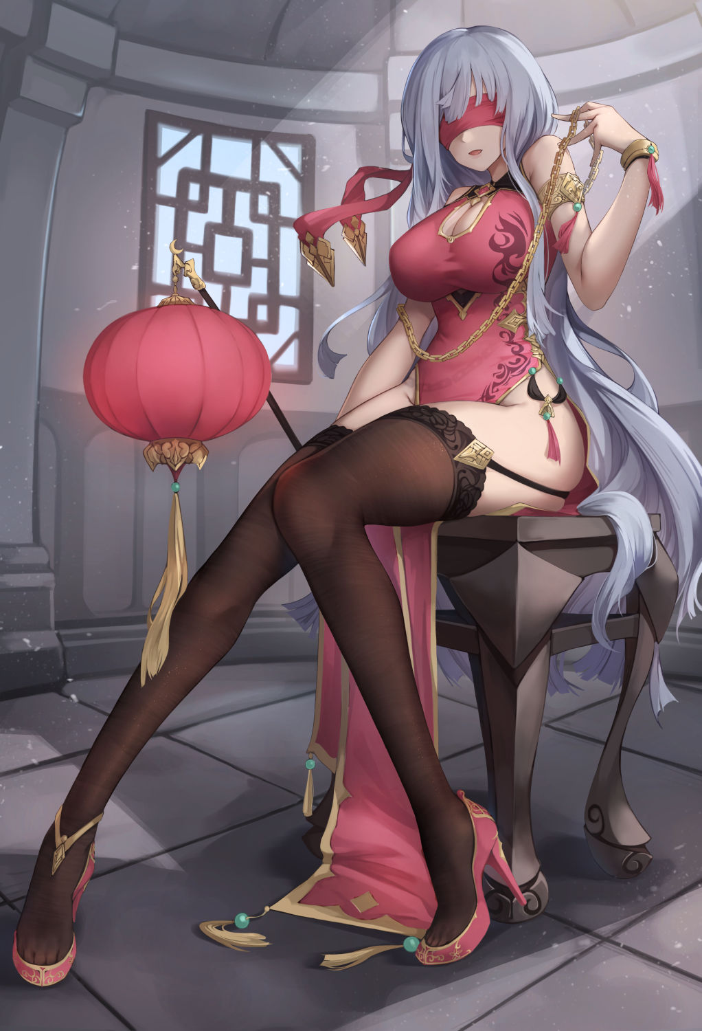 1girl, black_legwear, blindfold, breasts, chair, china_dress, chinese_clothes, cleavage_cutout