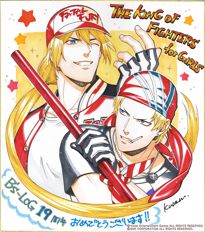 2boys, artist_name, bandana, baseball_cap, billy_kane, blonde_hair, blue_eyes, cigarette