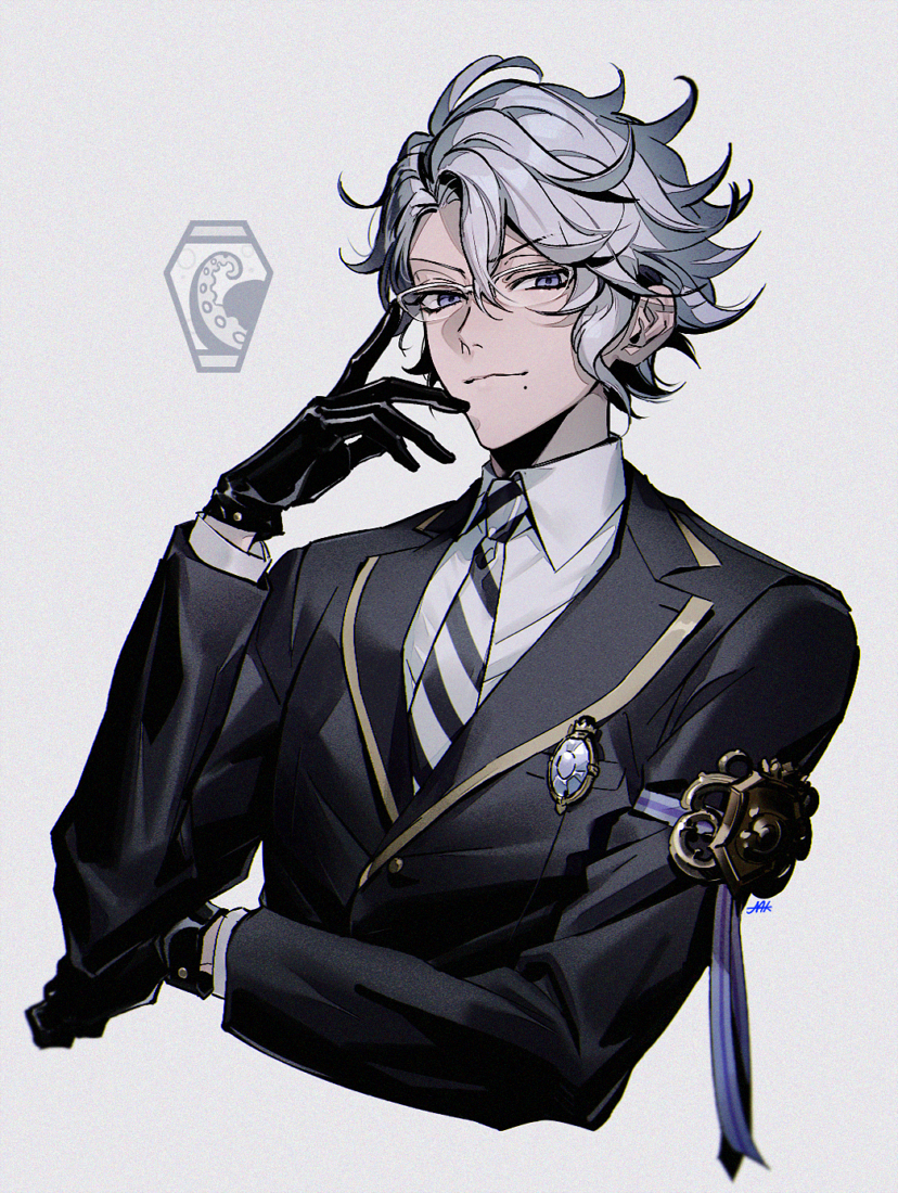 1boy, adjusting_eyewear, armband, azul_ashengrotto, black_gloves, black_jacket, black_neckwear, breast_pocket