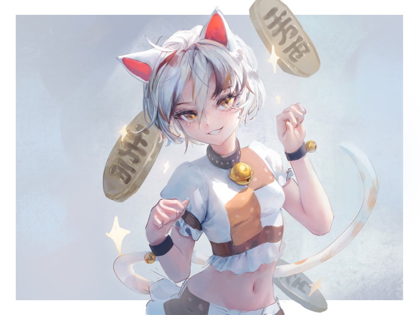 1girl, absurdres, animal_ears, ankleband, bell, brown_eyes, cat_ears, cat_tail