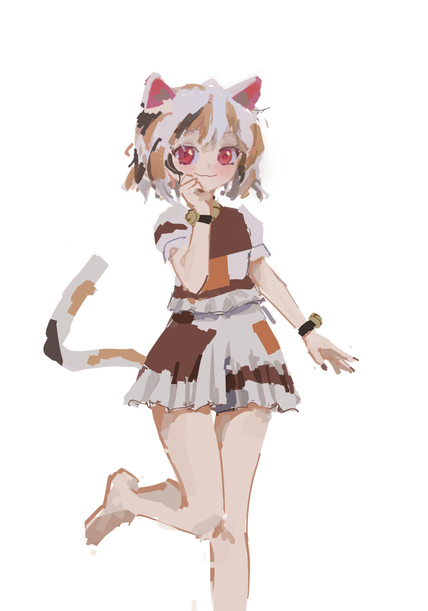 1girl, absurdres, animal_ears, ankleband, bell, brown_eyes, cat_ears, cat_tail