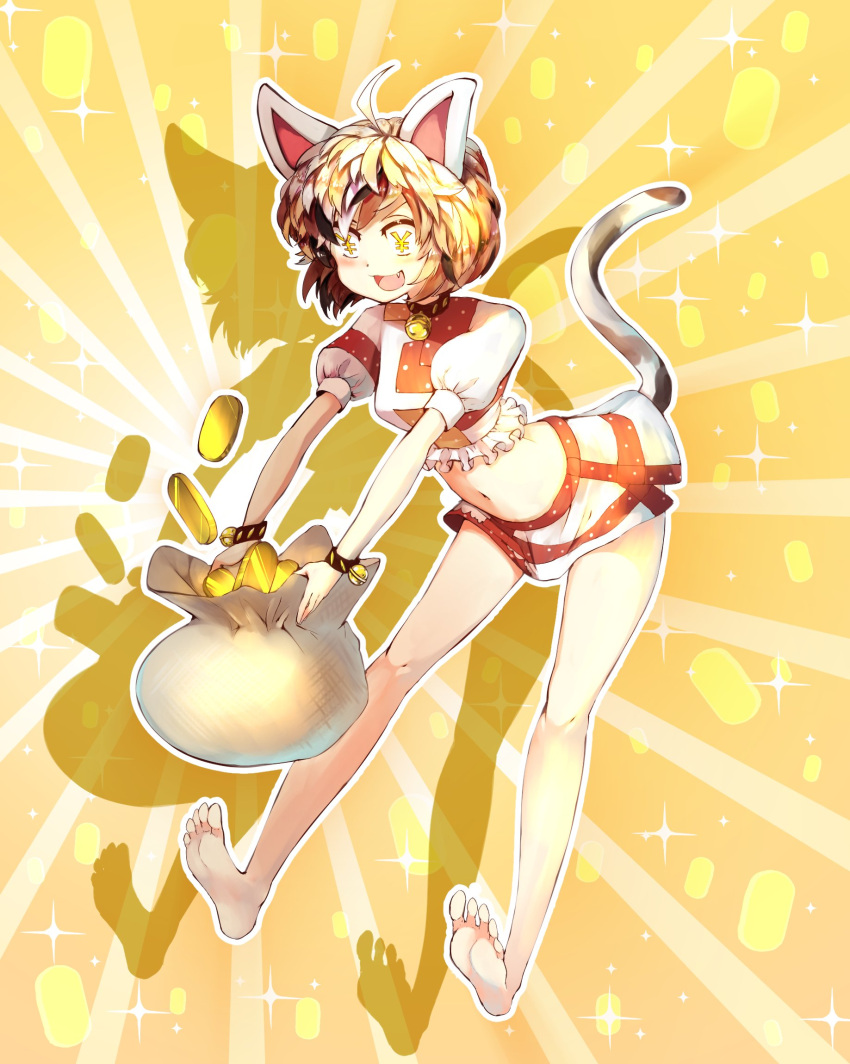 1girl, ahoge, animal_ears, ankleband, barefoot, bell, brown_eyes, cat_ears