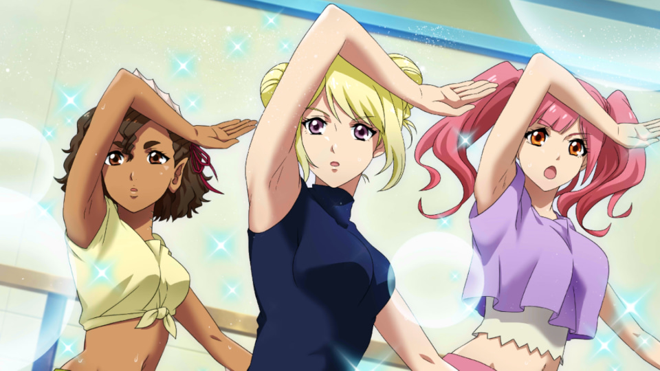 3girls, armpits, bare_arms, blonde_hair, breasts, brown_eyes, brown_hair, claire_paddle