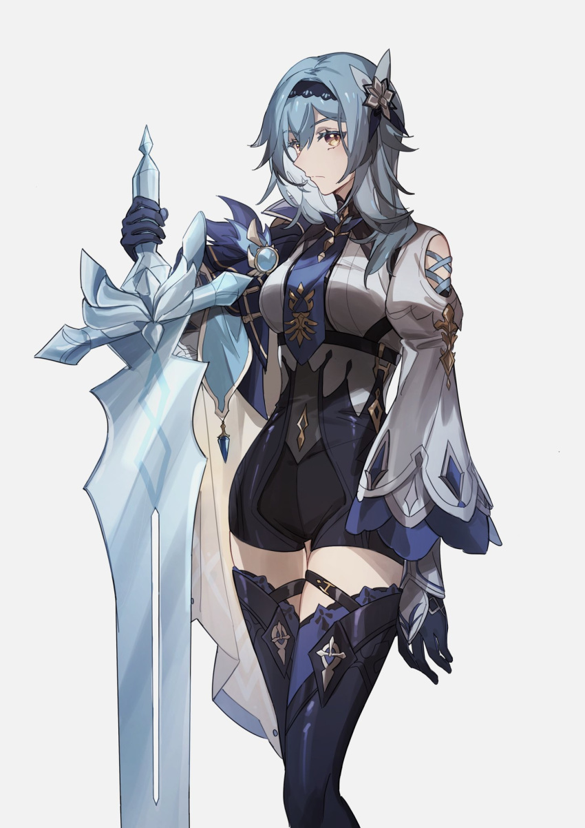 1girl, aqua_hair, bamu_(bamu0504), boots, breasts, eula_(genshin_impact), full_body, genshin_impact, gloves, hair_ornament, highres, holding, holding_sword, holding_weapon, long_sleeves, medium_breasts, medium_hair, solo, standing, sword, thigh-highs, thigh_boots, weapon