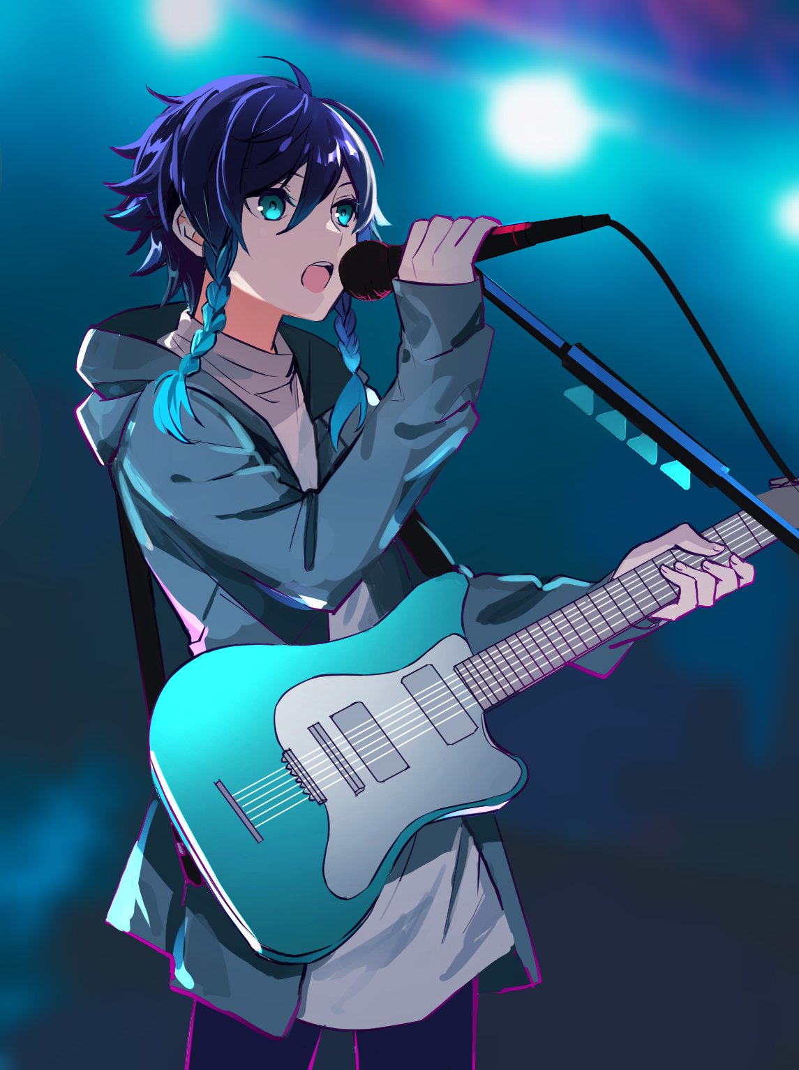 1boy, alternate_costume, androgynous, bangs, black_hair, blue_hair, blurry, blurry_background, braid, genshin_impact, gradient_hair, green_eyes, guitar, highres, holding, holding_instrument, holding_microphone, hood, hood_down, instrument, jacket, long_sleeves, male_focus, microphone, microphone_cord, microphone_stand, multicolored_hair, open_mouth, rome_romedo, shirt, short_hair_with_long_locks, solo, twin_braids, venti_(genshin_impact), white_shirt