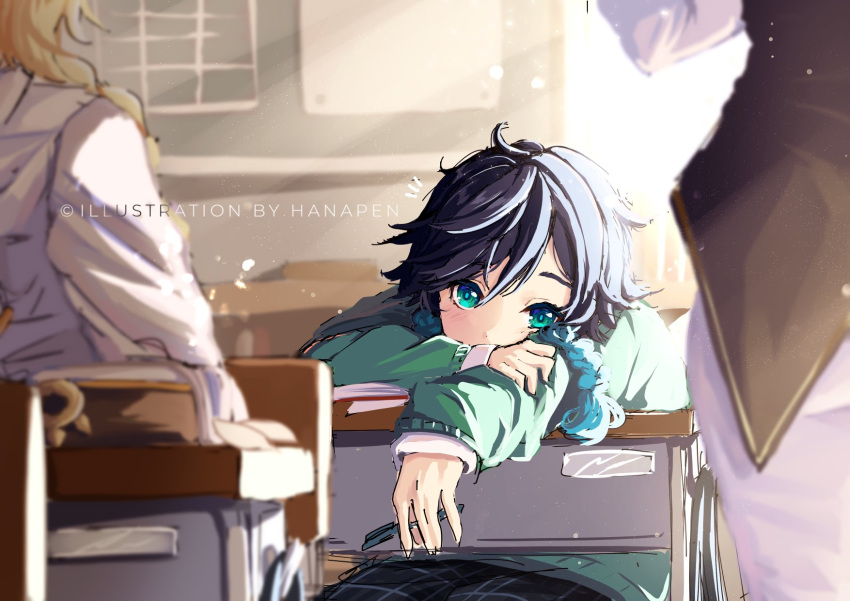 1boy, 2girls, blue_hair, blush, braid, chair, classroom, collared_shirt, english_text, genshin_impact, green_eyes, green_sweater, hanapen, highres, long_sleeves, looking_at_viewer, lumine_(genshin_impact), multiple_girls, otoko_no_ko, pants, school, school_uniform, shirt, sitting, sweater, table, twin_braids, venti_(genshin_impact), watermark