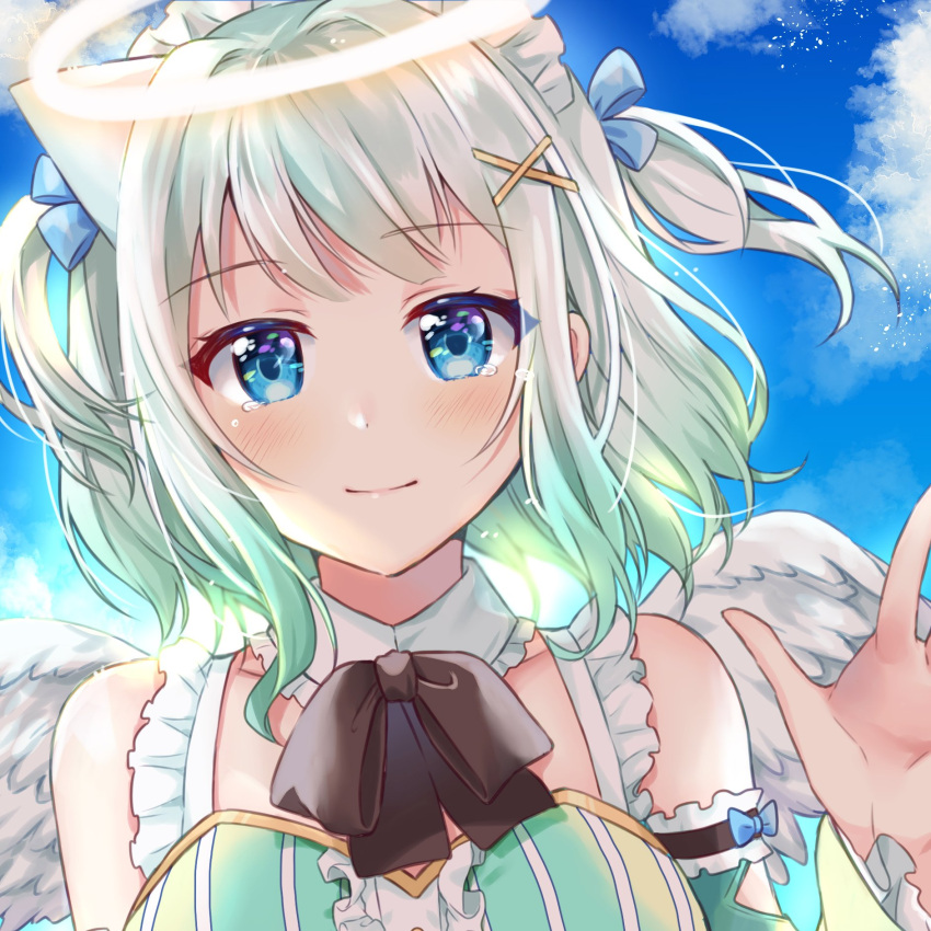1girl, angel, angel_wings, artist_request, black_neckwear, blue_eyes, bow, bowtie