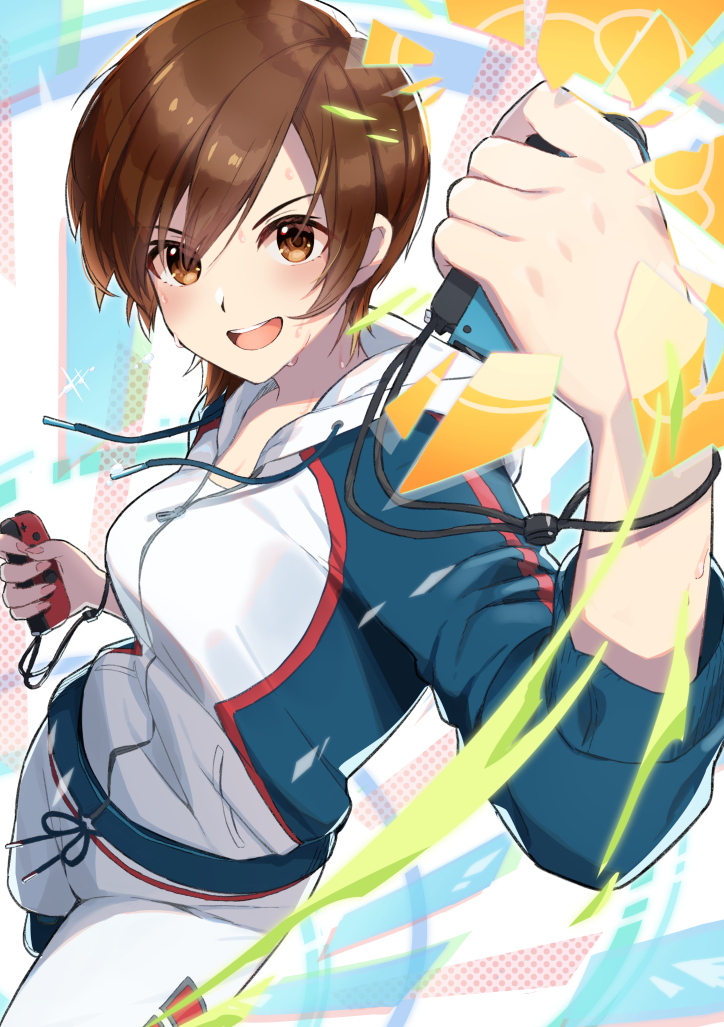 1girl, :d, bangs, blue_sleeves, blush, breasts, brown_eyes, brown_hair