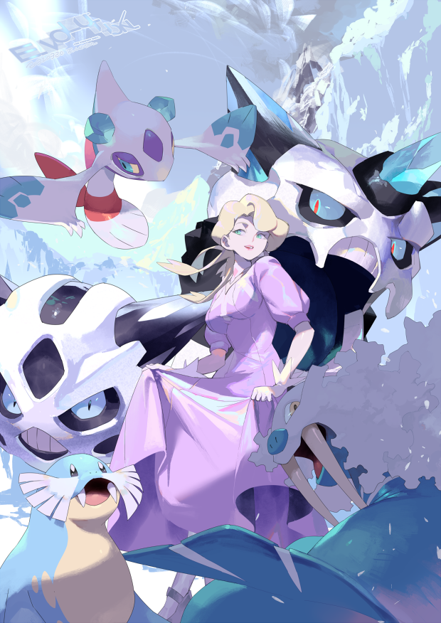 1girl, artist_name, blonde_hair, breasts, dress, dress_lift, e_volution, elite_four