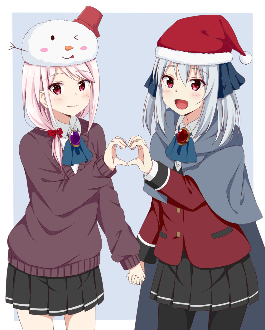 2girls, absurdres, christmas, cierra_runis, eyebrows_visible_through_hair, gem, hair_between_eyes, hair_ribbon