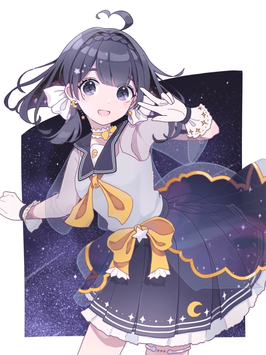 1girl, ahoge, black_eyes, black_hair, black_skirt, bow, choker, clenched_hand