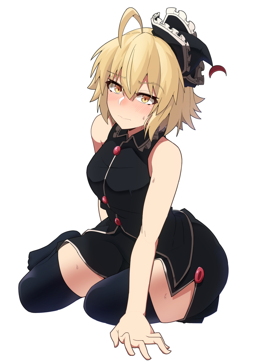 1girl, absurdres, agu_(antyosan), antenna_hair, arm_support, black_clothes, black_headwear, black_legwear