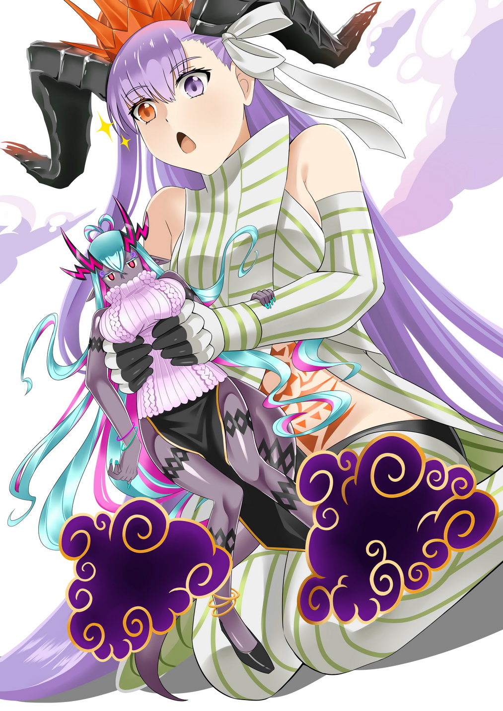 2girls, aqua_hair, aqua_nails, bare_shoulders, black_footwear, black_horns, breasts, carrying