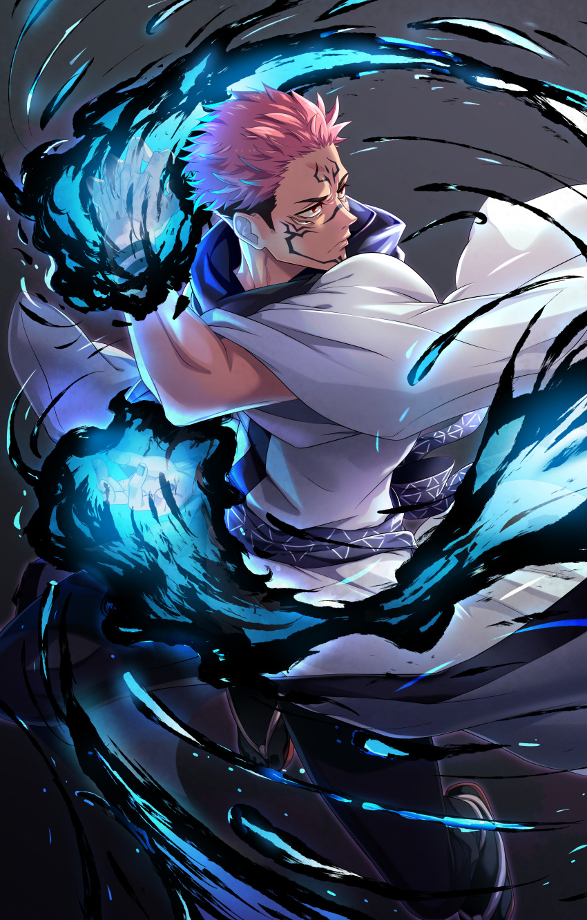 1boy, absurdres, aura, black_hair, black_pants, closed_mouth, facial_tattoo, fighting_stance