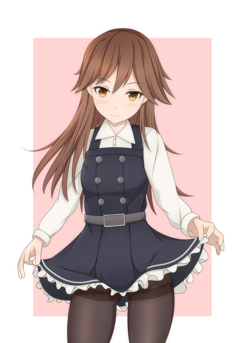 1girl, arashio_(kancolle), bell_shireikan, belt, black_legwear, blush, brown_eyes, brown_hair, cowboy_shot, dress, eyebrows_visible_through_hair, frilled_dress, frills, hair_between_eyes, highres, kantai_collection, long_hair, long_sleeves, looking_at_viewer, pantyhose, pinafore_dress, pink_background, shirt, skirt, solo, standing, thighband_pantyhose, two-tone_background, white_background, white_shirt, yellow_eyes