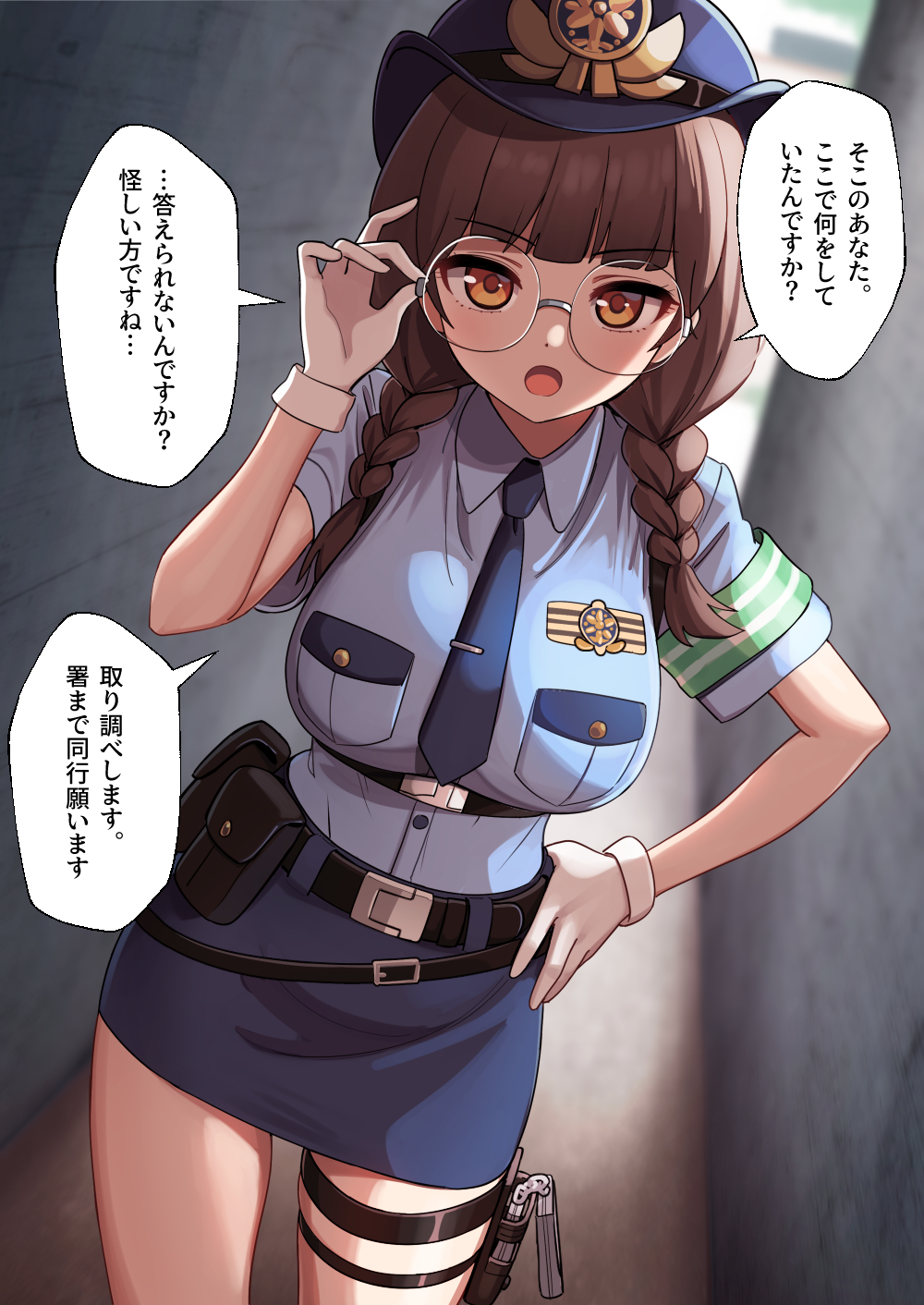 1girl, adjusting_eyewear, alley, aya_(black_survival), bangs, belt, black_belt, black_survival