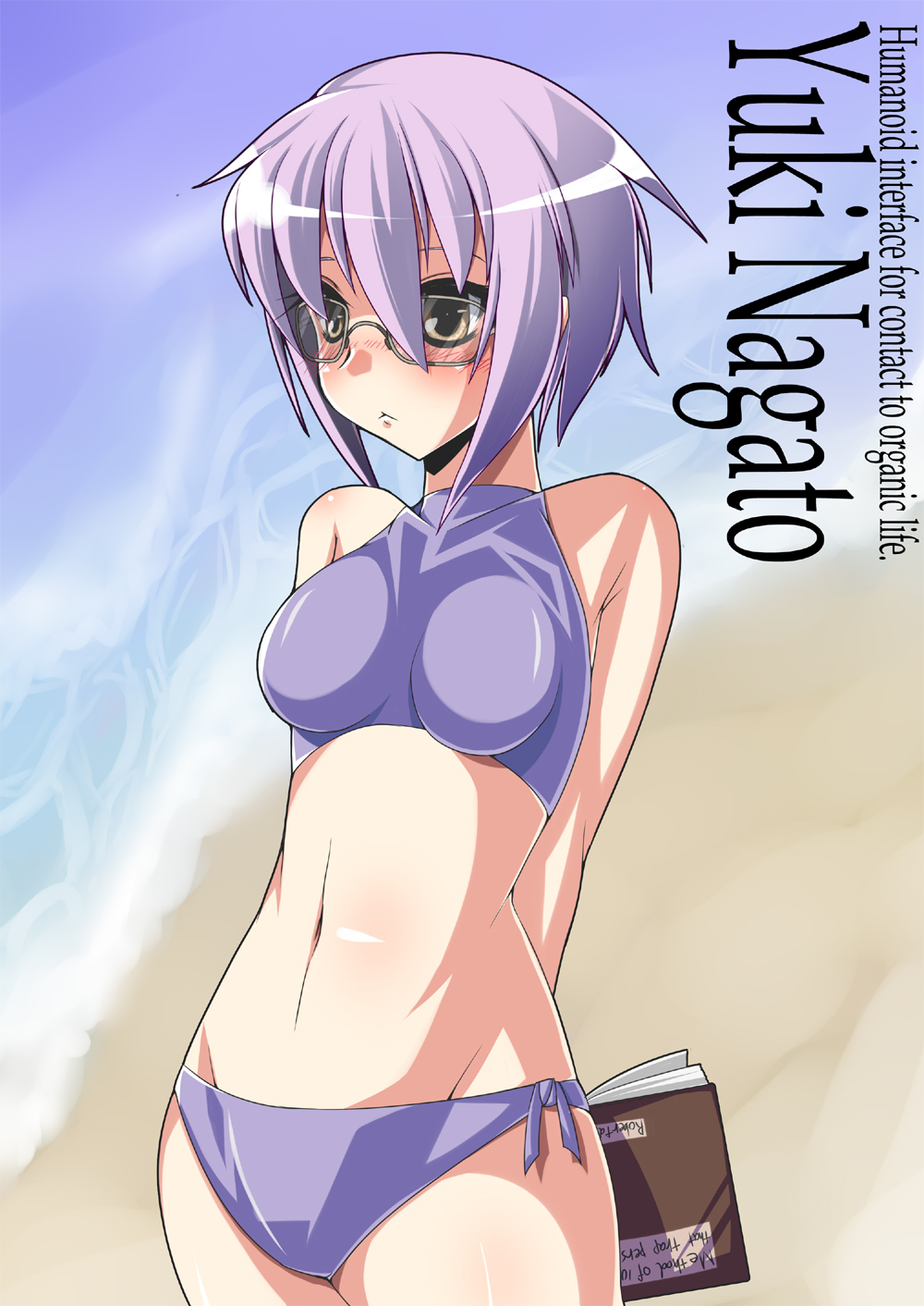 bikini, blush, book, brown_eyes, character_name, english, glasses, highres