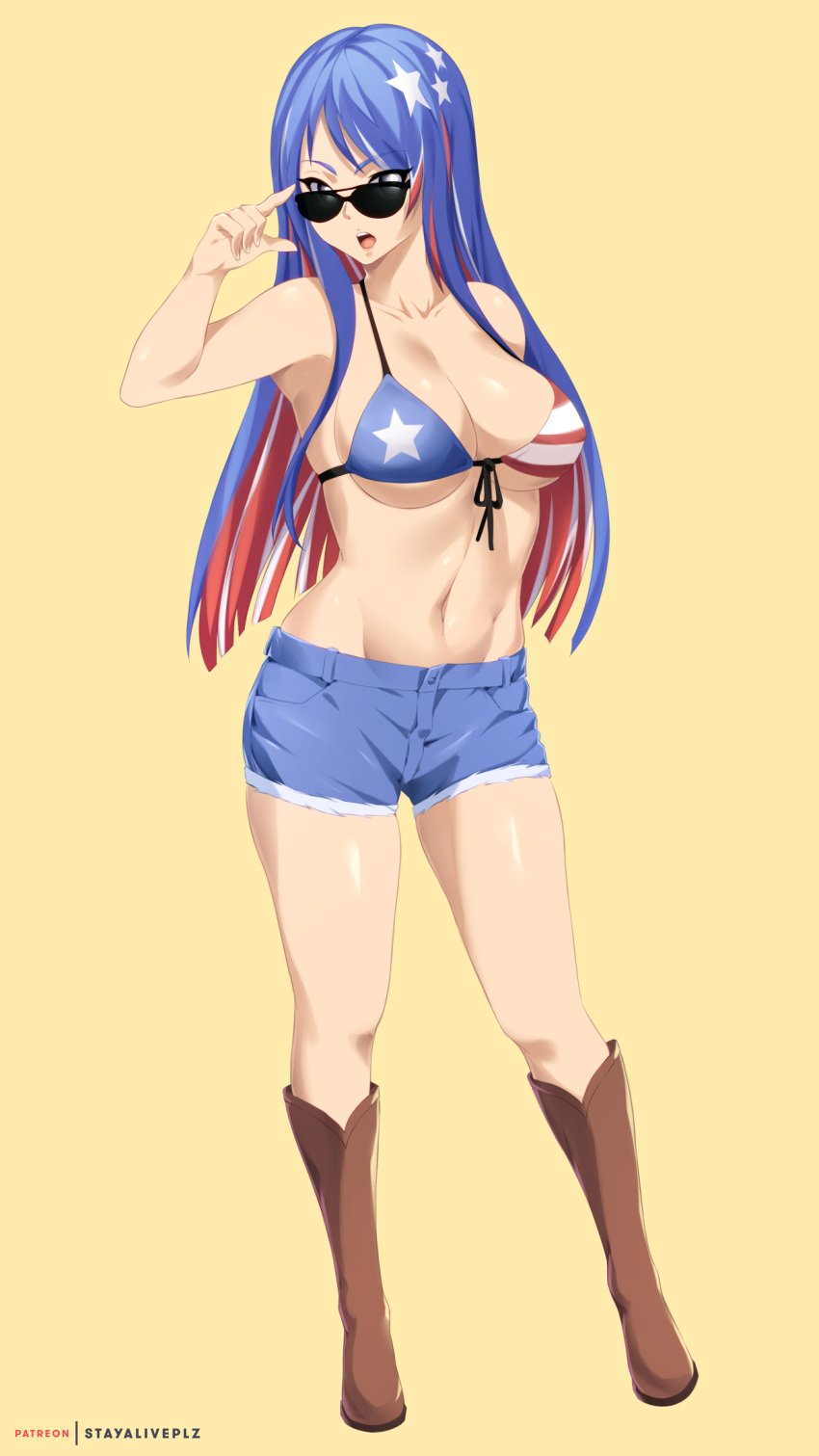 1girl, absurdres, american_flag_bikini, artist_name, beige_background, bikini, bikini_top, blue_hair