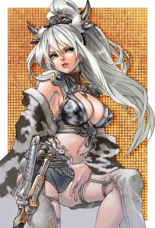 armor, aro_(charged_time_out), bad_id, breasts, cleavage, cow_ears, cow_girl, cow_horns