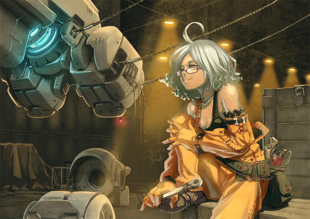 aro_(charged_time_out), bad_id, breasts, cleavage, glasses, jumpsuit, mecha, mechanic