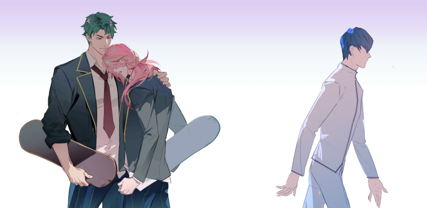 3boys, adam_(sk8), blue_hair, brown_eyes, cherry_blossom_(sk8), clenched_hand, gradient, gradient_background