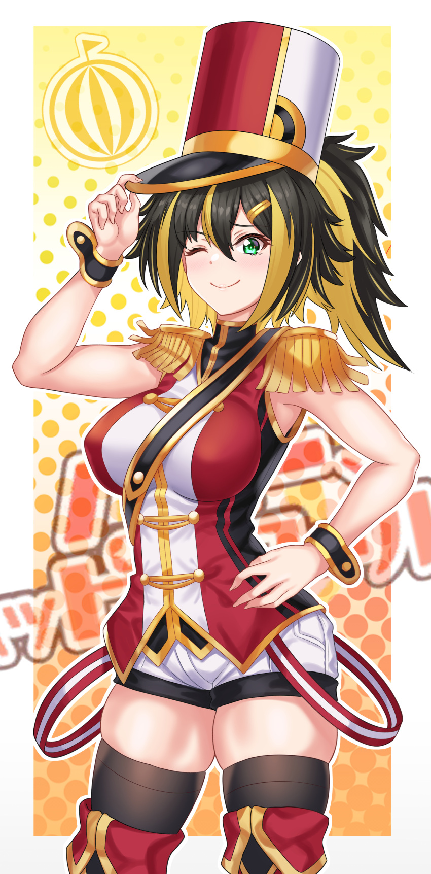 1girl, ;), absurdres, adjusting_clothes, adjusting_headwear, band_uniform, bang_dream!, bangs