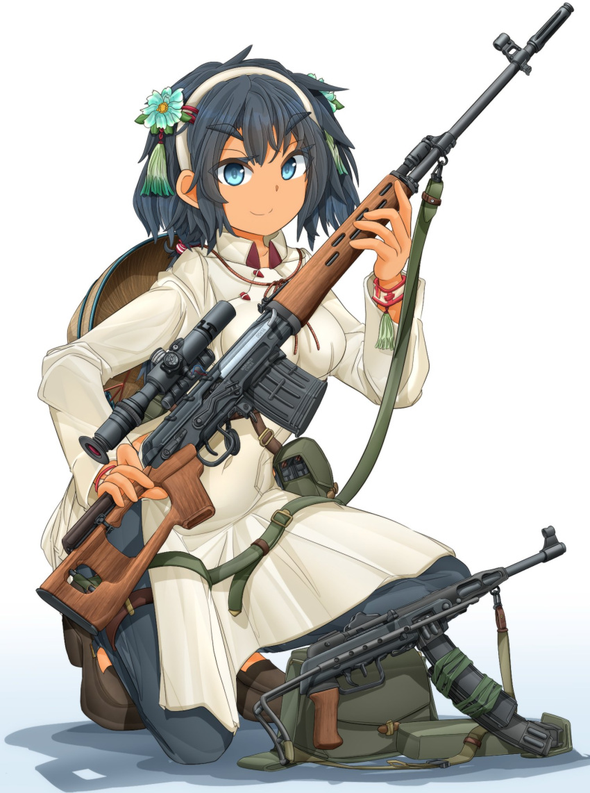 1girl, beige_dress, black_hair, breasts, brown_footwear, dark_skin, dark-skinned_female, dragunov_svd