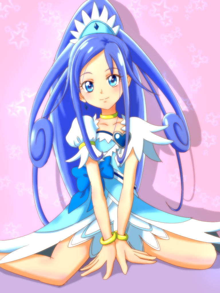 1girl, between_legs, blue_dress, blue_eyes, blue_ribbon, choker, collarbone, cure_diamond