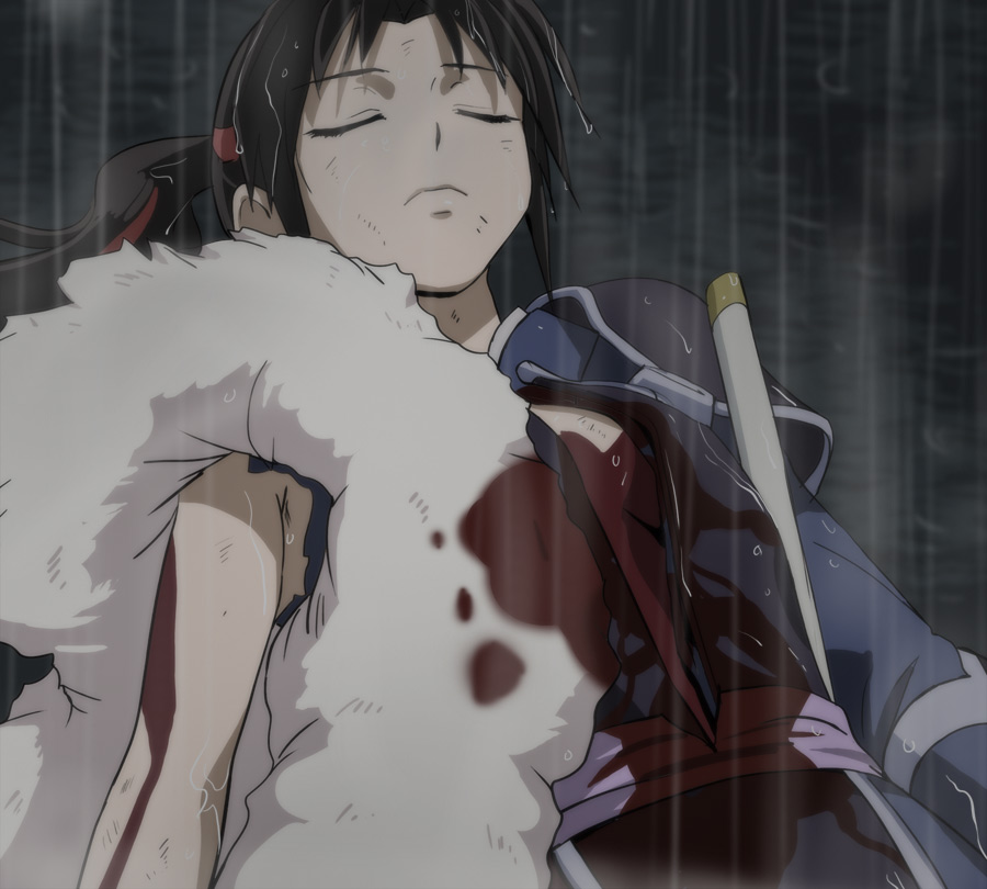 1girl, black_hair, blood, bloody_clothes, breasts, closed_eyes, closed_mouth, corpse