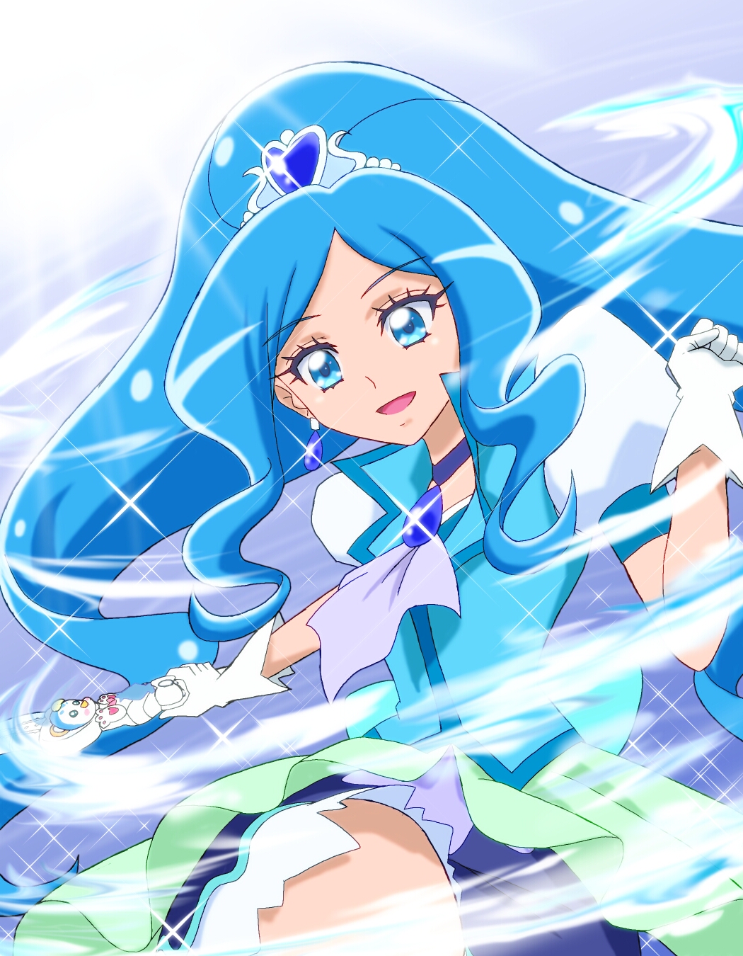 1girl, blue_dress, blue_vest, choker, cure_fontaine, dress, earrings, gloves