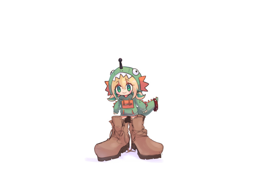 1girl, absurdres, amano_pikamee, bangs, blonde_hair, blush, boots, bright_pupils, brown_footwear, chibi, dinosaur_hood, drop_dead_deputy, eyebrows_visible_through_hair, green_eyes, green_hoodie, hair_between_eyes, highres, hood, hoodie, looking_down, open_hands, oversized_clothes, smile, solo, twintails, virtual_youtuber, voms, white_background, white_pupils