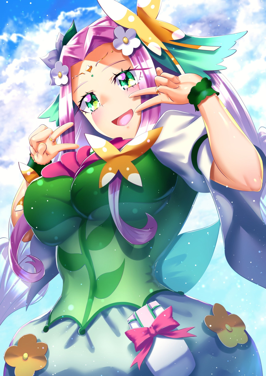 1girl, absurdres, blue_sky, blush, breasts, butterfly_hair_ornament, choker, clouds