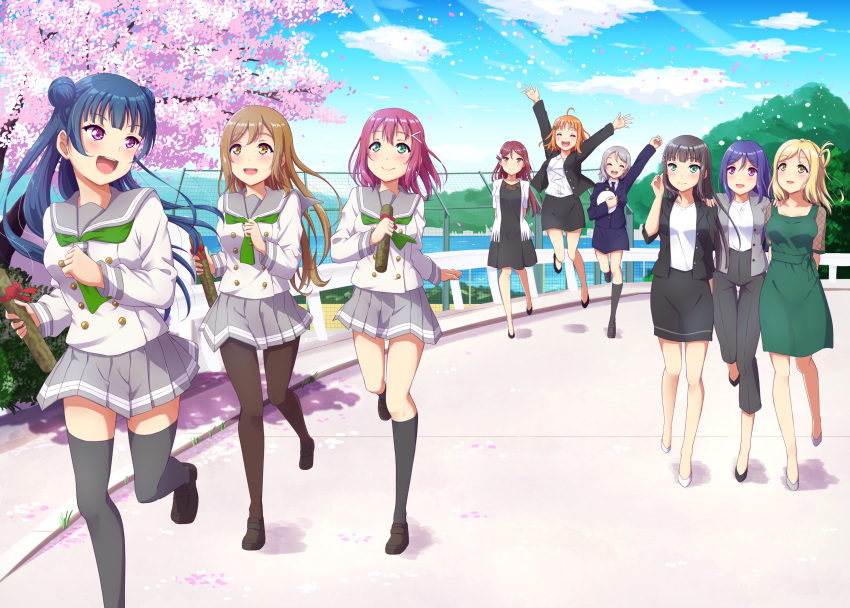6+girls, :d, ahoge, alternate_hair_length, alternate_hairstyle, arms_behind_back, bangs, black_dress