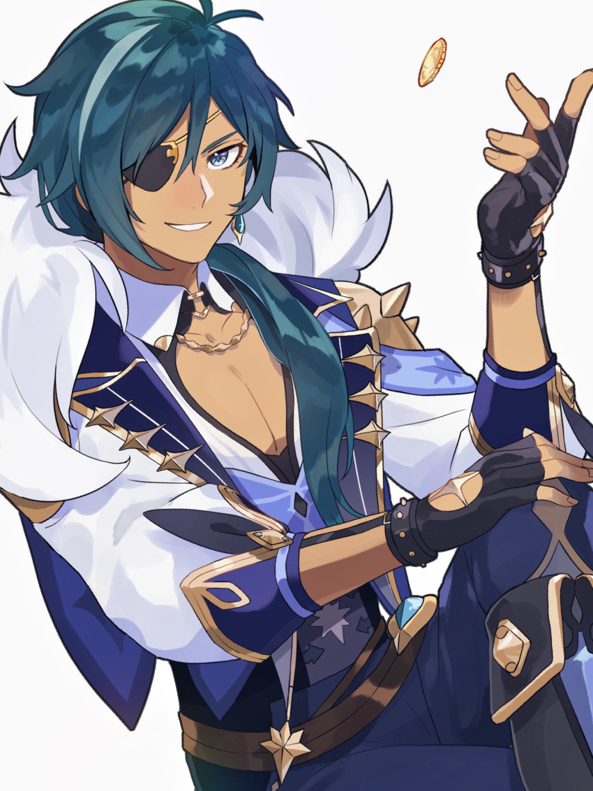 1boy, arisuke_(natuyan), bangs, black_gloves, blue_eyes, blue_hair, chain, coin