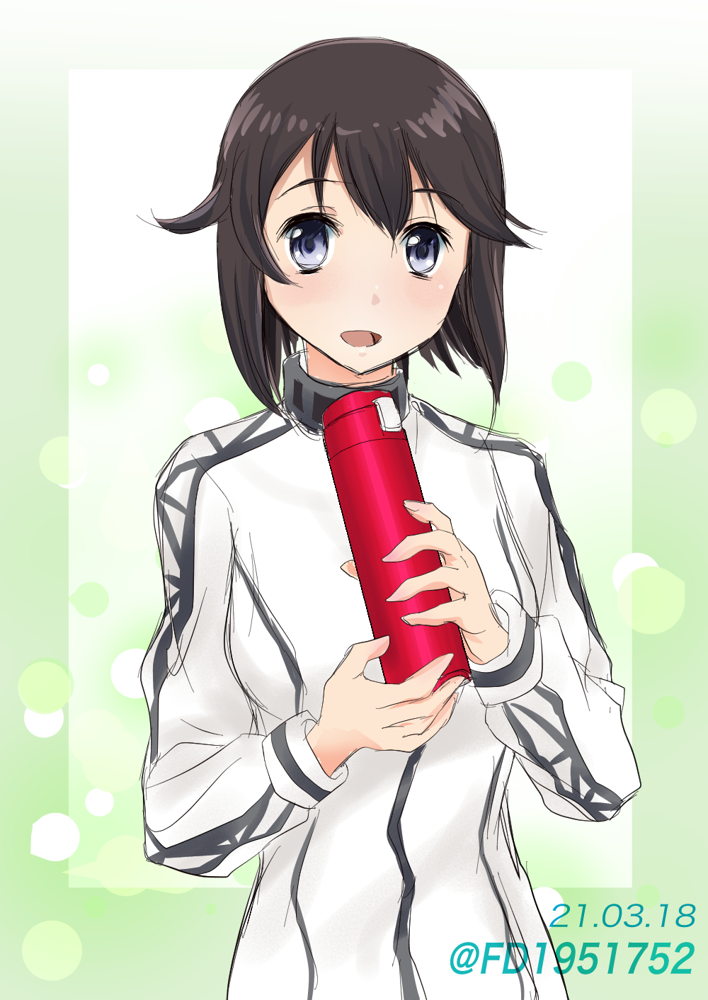 1girl, black_hair, bottle, commentary_request, dated, fd_(fd_sanmaru), green_background, grey_eyes