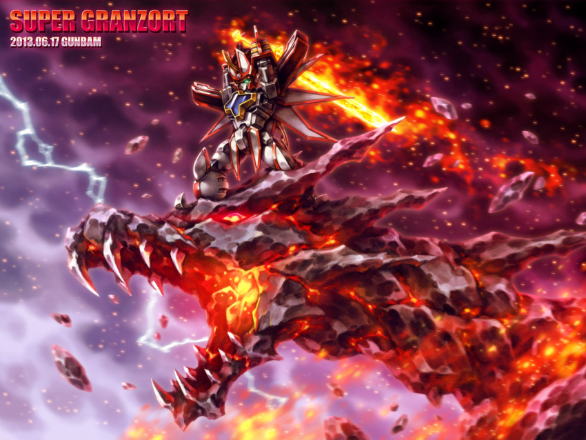 artist_name, babamba, character_name, dated, dragon, fantasy, fire, flaming_sword, flaming_weapon, glowing, glowing_eye, green_eyes, holding, holding_sword, holding_weapon, looking_down, madou_king_granzort, mecha, open_hand, red_eyes, sharp_teeth, super_granzort, sword, teeth, weapon